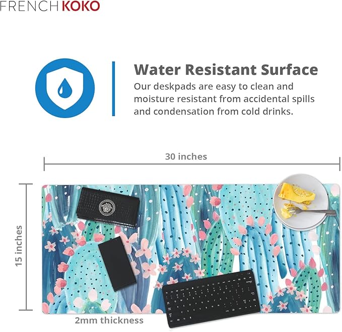 French Koko Large Mouse Pad Long Desk Mat Keyboard Pad Desktop Accessories Home School College Decor Supplies Pretty Extended Mousepad Big Office Essentials Women Girls XL Plant Pink Green Cute Cactus