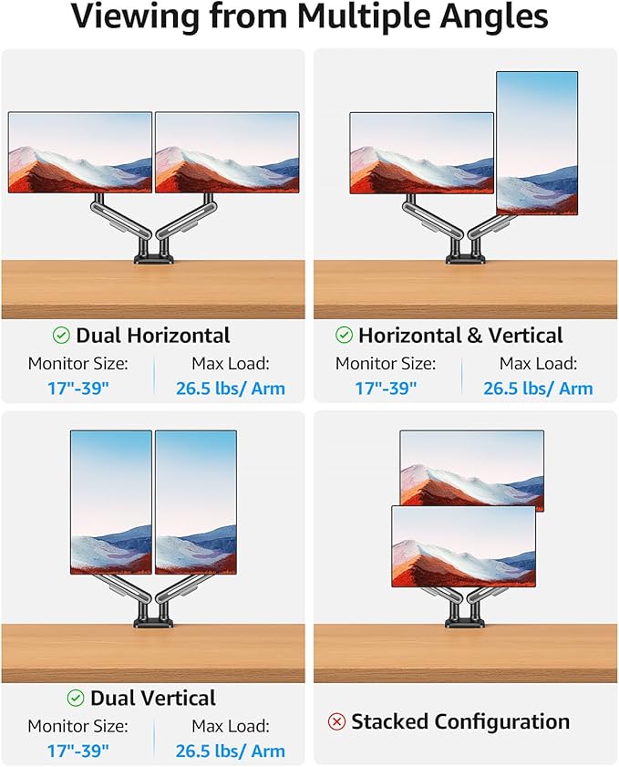 MOUNTUP Dual Monitor Mount Holds 4.4-26.5lbs, Heavy Duty Monitors Arm for 39 37 34 32 27inch,Double Monitor Stand for 2 Monitor, Height Adjustable Monitors Desk Mount with C-Clamp＆Grommet Base
