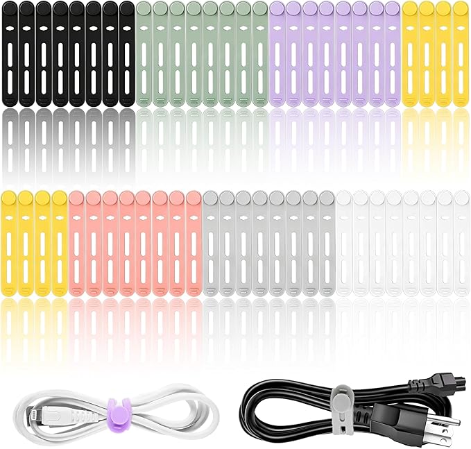 56Pcs Silicone Cable Ties Reusable, Multipurpose Cable Management Organizer, Adjustable Fastening Cable Straps with Locking Buckles, High Elasticity Cord Organizer, Travel Essentials, 7 Colors