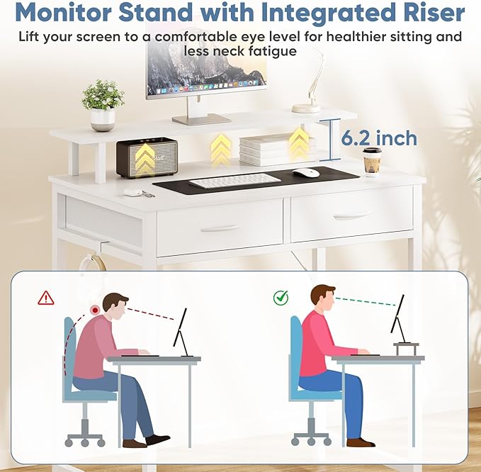 DUMOS 31.5" x 19.7" Compact Computer Desk with Monitor Stand and 2 Drawers, Small Writing Desk with Drawers for Home Office, Study Table for Small Spaces, White