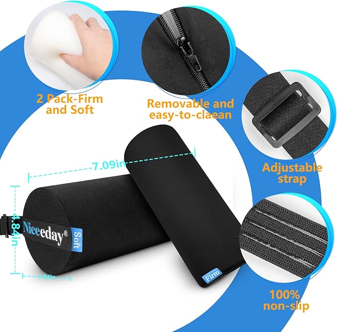Lumbar Roll 2 Pack, Upgrated Soft & Firm Density with Non Slip Adjustable Straps, Low Back Lumbar Support for Office Chair & Car Seat Back Support Cushion, Lumbar Support for Car Seats, Desk Chair