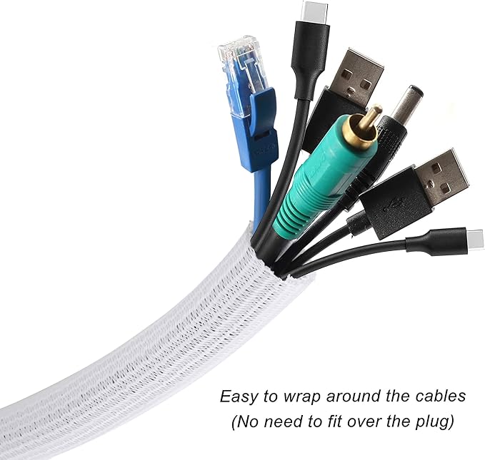 25ft - 1.25 inch Braided Cable Management Sleeve Cord Protector - Self-Wrapping Split Wire Loom for TV/Computer/Home Theater/Engine Bay - White