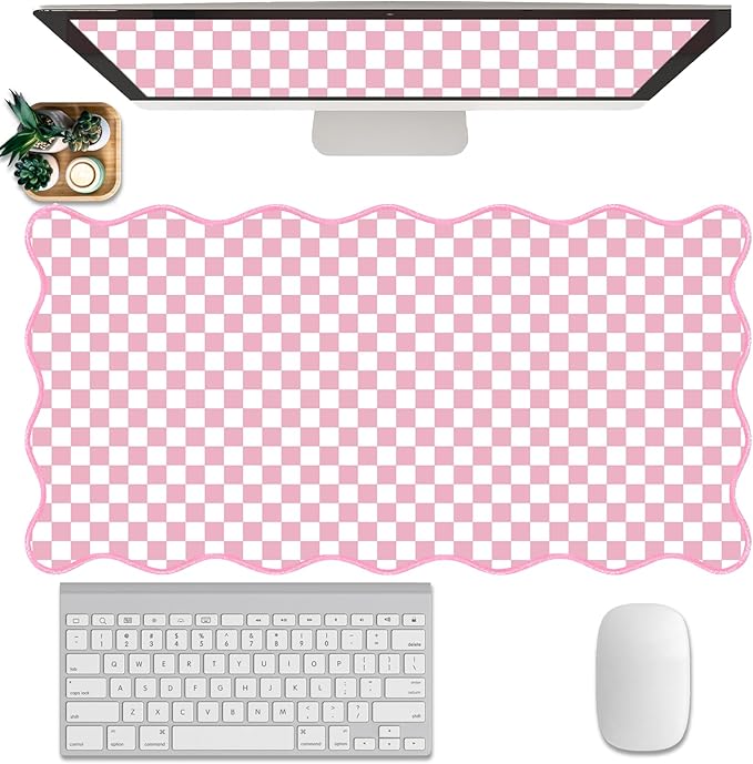 Scalloped Desk Mat Extended Large Cute Pastel Pink Mouse Pad Farmhouse Cozy Cottagecore Gingham Desk Pad Aesthetic Plaid Mousepad Checkered Gaming Mouse Pad Computer Keyboard Pad Girly 31.5X15.7Inch