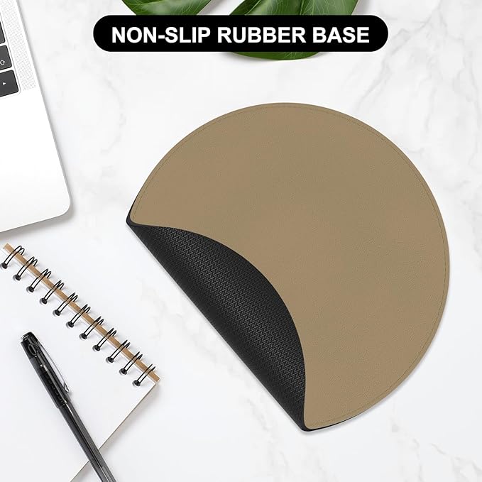 Leather Mouse Pad, Office Mouse Mat Non-Slip Rubber Base Stitched Edge Washable Waterproof Round Mousepad for Office Gaming PC Laptop, Round Diameter 8.7 inches, Apricot