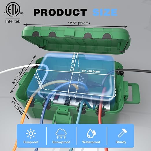 Flemoon Large Outdoor Electrical Box (12.5 x 8.5 x 5 inch), IP54 Waterproof Outdoor Extension Cord Cover Weatherproof, Protect Outlet, Plug, Socket, Timer, Power Strip,Green