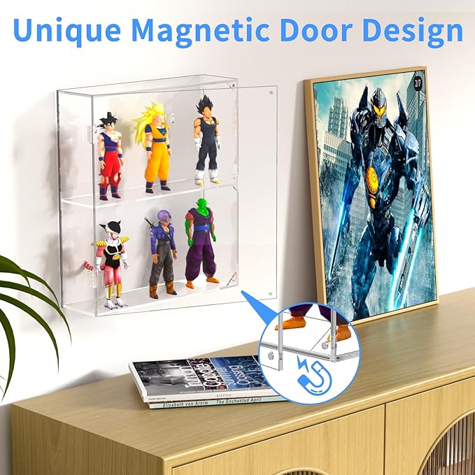 AITEE Acrylic Display Case, Clear Display Case for Funko Pop Figures, 2 Layer Wall Mounted or Desktop Dustproof Display Cabinet Shelf for Collectibles,Mini Toys,Rock, Amiibo