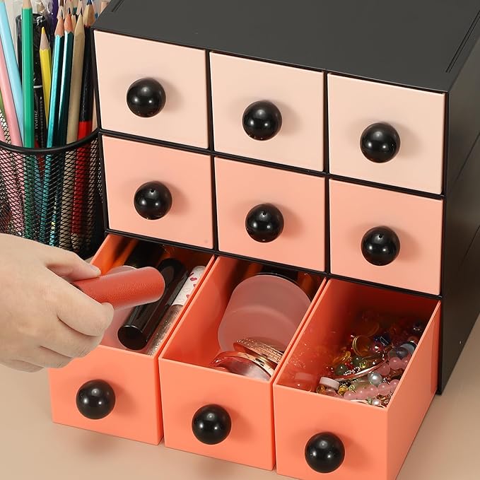 PATIKIL Small Stackable Storage Drawers, Stacking Drawers Mini Desk Bathroom Storage Organizer Cute with 3 Drawer Organizer Plastic for Desktop Office Pens Pencils Tape Charger, Dark Pink