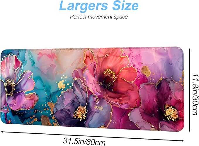 Floral Mouse Pad XXL – Large Desk Mat with Abstract Alcohol Ink Flowers in Pink, Purple & Teal, Extended Mousepad with Non-Slip Base for Office, Workstation, Gifts,31.5 x 11.8 in