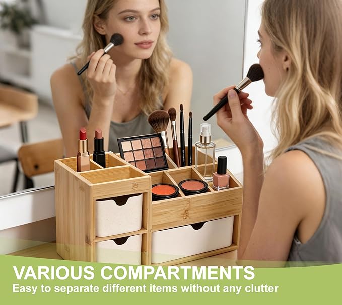 Bamboo Desktop Organizer 8 Compartment Cosmetic & Jewelry Holder with 3 Drawers, Vanity Storage Box for Skincare, Accessories & Beauty Products Display with Adjustable Dividers No Assembly Required
