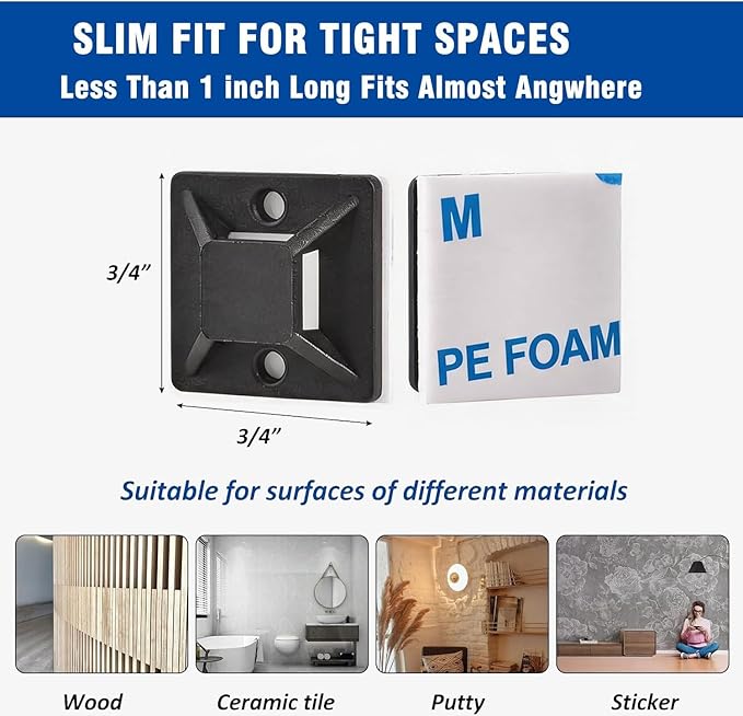 50 Set Cable Zip Tie Self Adhesive Mounts Kit with 6" Zip Ties, 3/4" Wire Holders Squares, Screws - Sticky Wire Fasteners Cable Clips Management Anchors Organizer