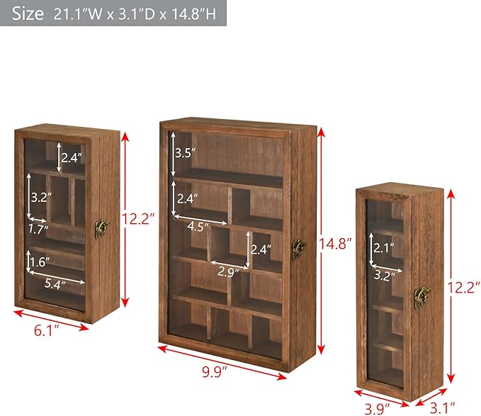 Ikee Design 3 Pcs Set Wall-Mounted Wooden Shadow Cubby Box Display Shelf with 24 Compartments with Door Storage Display Case for Collectibles, Trinkets, Mini Figures, Brown Color
