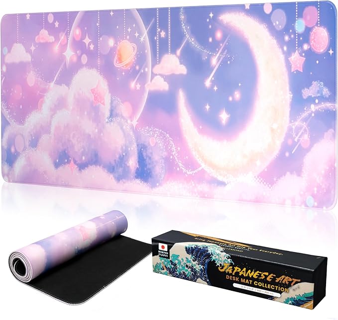 BELLEMOND Japanese Art Desk Mat | Large 31.5x11.8in Anime Mouse Pad for Keyboard & Mouse | Non-Slip Base, Water-Repellent | Original Japanese Design | Moonlit Pastel Cosmos