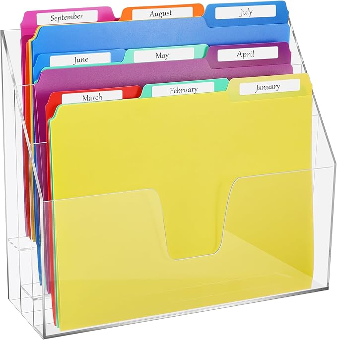 Estune Acrylic Vertical File Organizer, Horizontal Triple File Folder Holder, Paper Desktop Storage, Box for Countertop Office, Includes 12 Pack Folders, 1/3 Cut Tab with Folder Letter Size and Labels