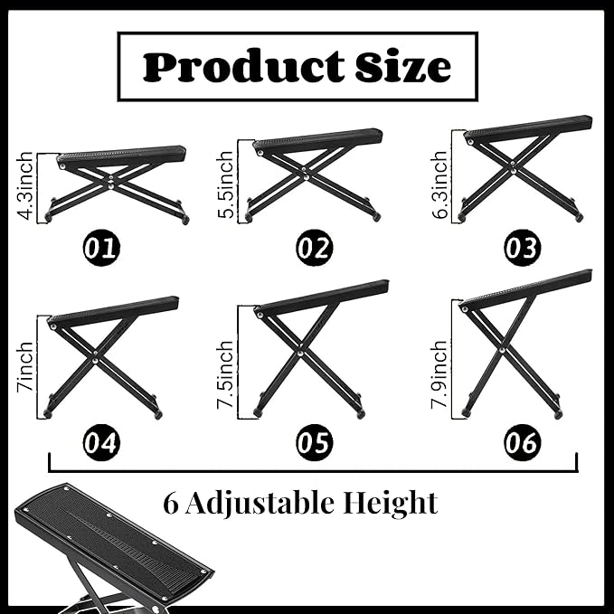Guitar Foot Stool, 6-Position Height Adjustable Guitar Foot Rest Stand with Rubber End Caps and Non-Slip Rubber Pad for Classical, Acoustic, Electric Guitar - Black