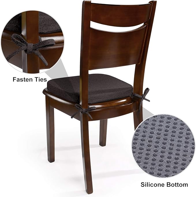 Shinnwa Dining Chair Cushions, Non Slip Kitchen Chair Pads with Ties, Indoor Seat Cushions, 15 x 15.5 inches, Dark Brown