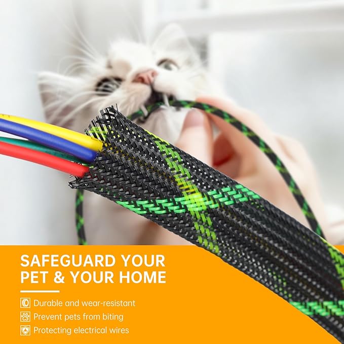 Braided Cable Sleeve, 33ft Expandable Wire Loom for Automotive Wiring Harness & PC Case, Pet-Proof Chew Resistant Cord Protector, Flexible Cable Management (Black-UV Green-UV Yellow, 8mm (5/16"))