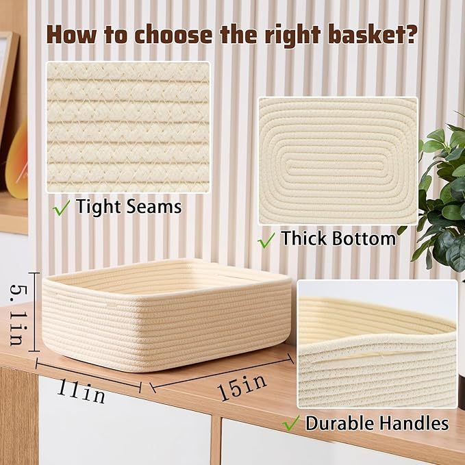MiniArk Large Shallow Organizing Baskets 15x11x5.1 Inches - Rope Woven Storage Bins for Bathroom, Shelves, Cube Closet, Beige 2 Packs