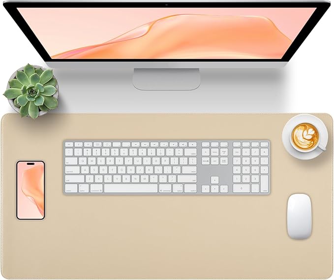 Beige Leather Desk Mat Large Mouse Pad, Waterproof Desk Pad for Keyboard and Mouse, Non-Slip Computer Desk Protector, Smooth Mouse Movement Desk Mat for Home and Office(31.5"×15.7")