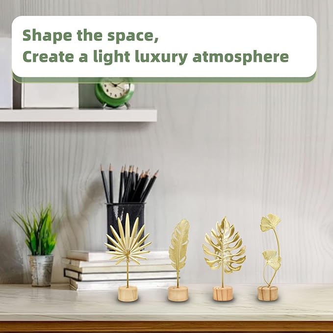 2PCS Mini Gold Leaf Sculpture Ornament, 7.5 IN Metal Gold Palm Leaves Decor for Desk, Sideboards, Display Cabinet Filler, Iron Craft Ginkgo Leaf Decor with Wooden Base (Feather+Ginkgo Biloba)