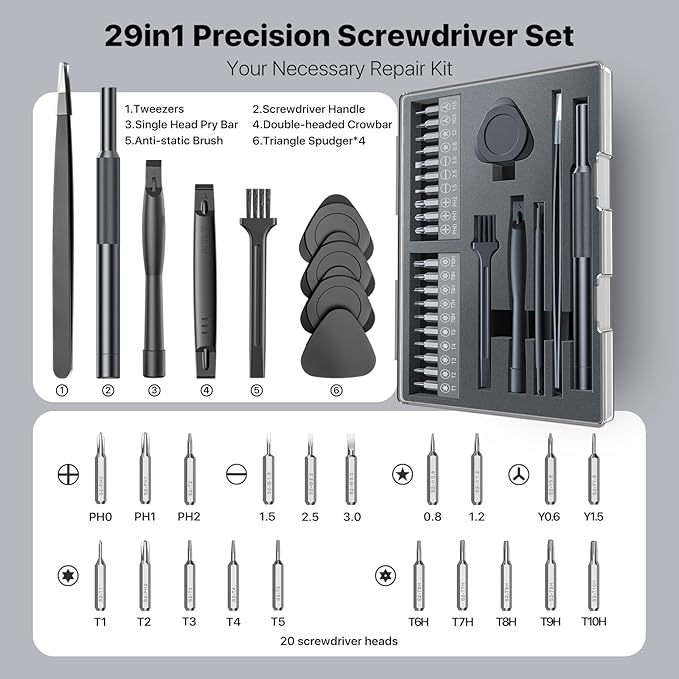 AXTH 29in1 Precision Screwdriver Set, [Bearing Steel] Small Repair Kit, PC Accessories, PS5 Cleaning Kit, Tool Sets for Men, Fit MacBook, Computer, Laptop, Watch, PS4, Xbox, Eyeglass, Console More
