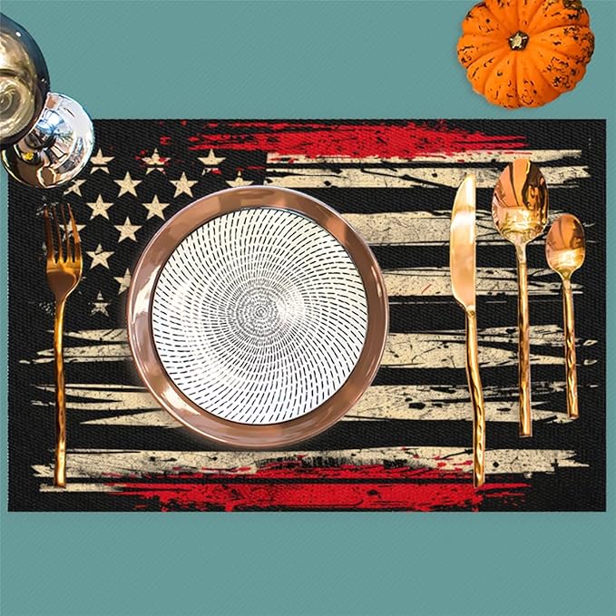 Placemats Set of 4 Heat-Resistant Rectangle Place Mats Independence Day USA Flag Washable Plastic PVC Dining Table Mat Non-Slip Wipeable Woven Vinyl Placemat for Kitchen Patio Table Decor