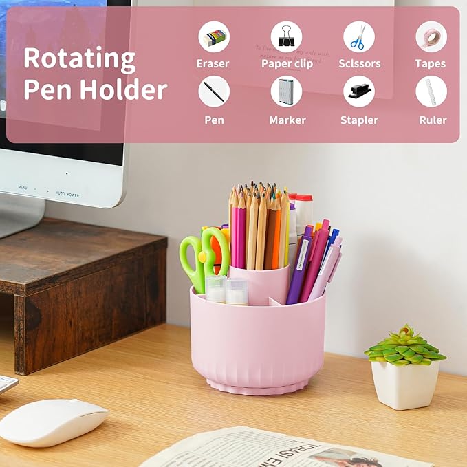 Marbrasse Desk Organizer, 360-Degree Rotating Pen Pencil Holder, Desk Organizers and Accessories with 5 Compartments Pencil Organizer, Art Supply Storage Box Caddy for Office, Home (Pink)
