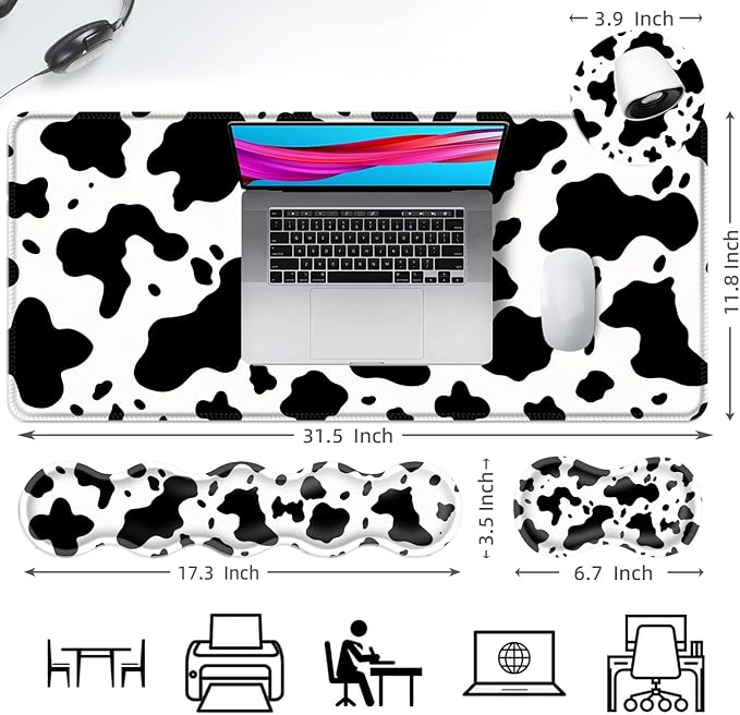 Ergonomic Mouse Pad Set with Wrist Support for Keyboard and Wrist Rest for Mouse, Memory Foam Comfort, Non-Slip Large Desk Mat for Home Office Pain Relief,Cow Print