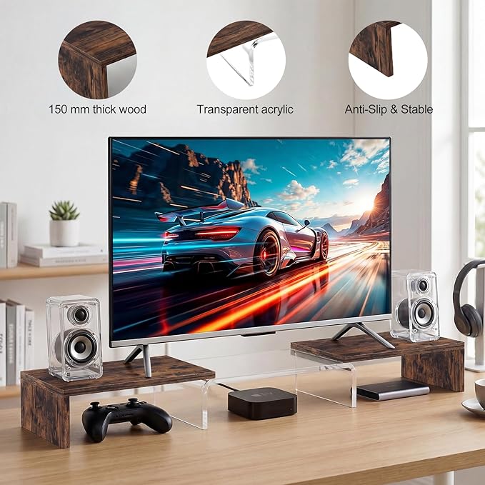Dual Monitor Riser, Acrylic Monitor Riser, Adjustable Angle & Length Computer Monitor Stand, Wide Desk Shelf for Top of Desk for Home Office_Wood Look Small