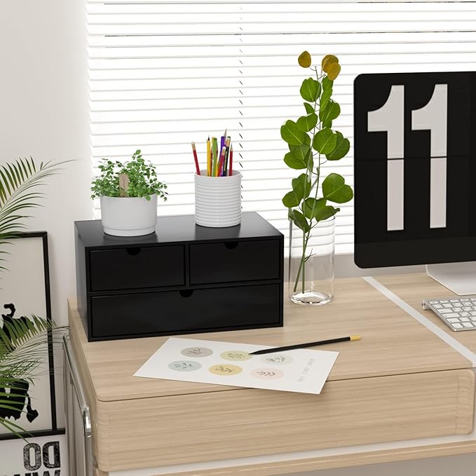 Wisuce Bamboo Desk Organizer - Mini Bamboo Desk Drawer Tabletop Cosmetic Storage Organization for Office or Home Black