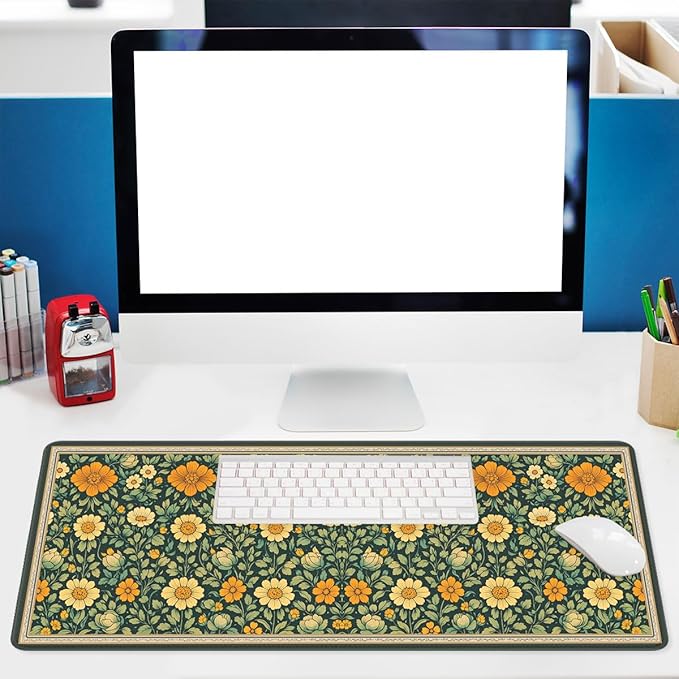 Vintage Floral Mouse Pad, Dark Green Orange Garden Gaming Desk Mat Extended Laptop Keyboard Non-Slip Rubber Base with Stitched Edges for Home, 31.5x11.8in Desk Home Office Gaming