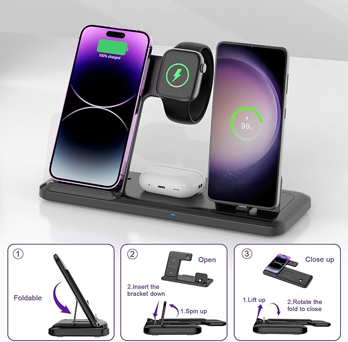 Wireless Charger for iPhone Charging Station, Foldable 4 in 1 Fast Charging for iPhone 16 15 14 13 12 Pro Max Plus, Charger Stand for Apple Watch & Airpods 4 3 2 Pro,for Samsung Series Yellow