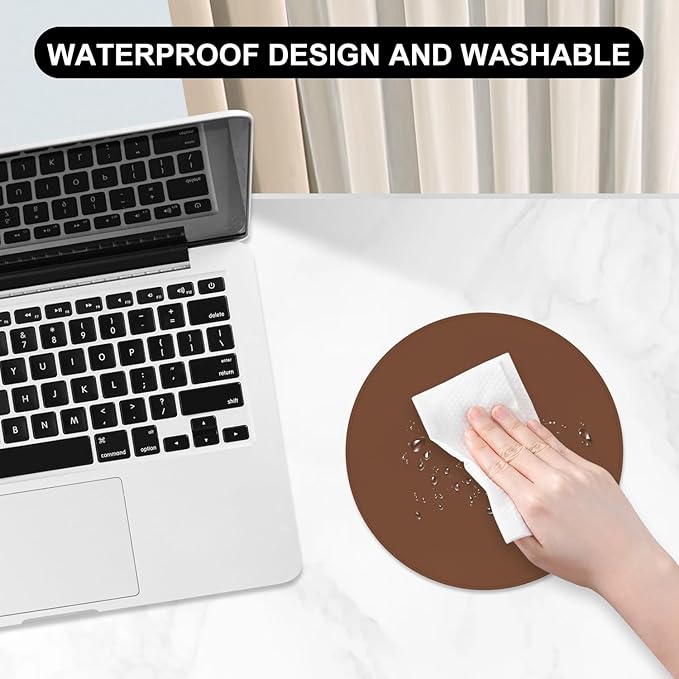 Leather Mouse Pad, Office Mouse Mat Non-Slip Rubber Base Stitched Edge Washable Waterproof Round Mousepad for Office Gaming PC Laptop, Round Diameter 8.7 inches, Bright Brown