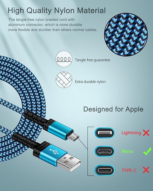 AILKIN Micro USB Cable 6ft Long, Best Replacement USB to Micro-USB Android Cord Fast Charging for Kindle Fire Tablets and Kindle E-Readers Kindle Paper White, HD, HDX, 7, 8, 10