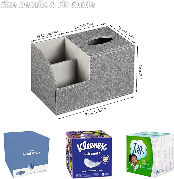 Square Tissue Box Cover with Storage, PU Leather Cube Tissue Box Holder, Remote Control Nightstand Organizer, Modern Desk Caddy for End Table, Bathroom, Bedroom, Home, Office Decor(Grey)