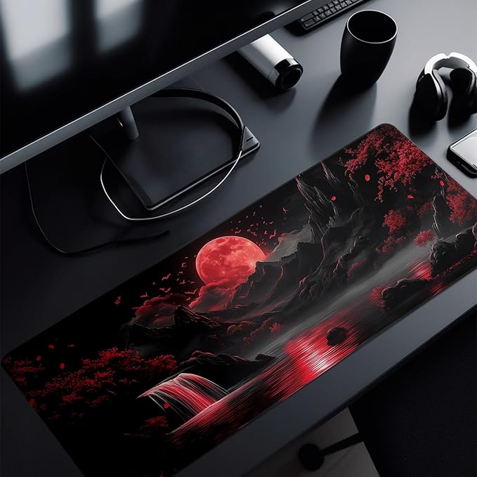 Darkness Red Moon Mouse Pad Abstract Red Mouse Pad 31.5x11.8 Inch Non-Slip Rubber Base Large Mousepad Stitched Edges Keyboard Mouse Mat Desk Pad for Office and Home(2)