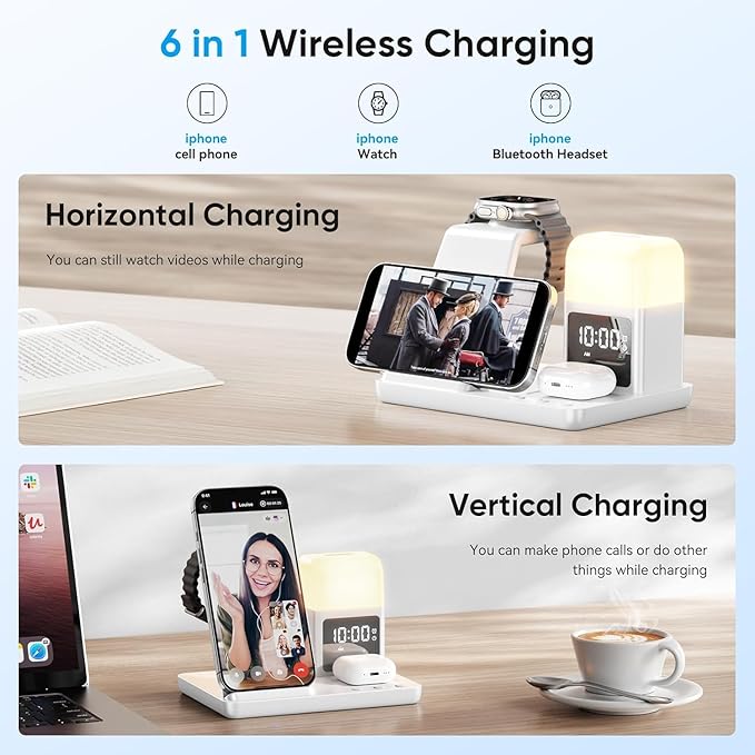 6 in 1 Wireless Charging Station with Clock & Night Light，Alarm Clocks for Bedrooms,Wireless Charger Stand with Beside Clock for iPhone 17/16/15/14/13/12 Pro Max, Apple Watch,Airpods (White)