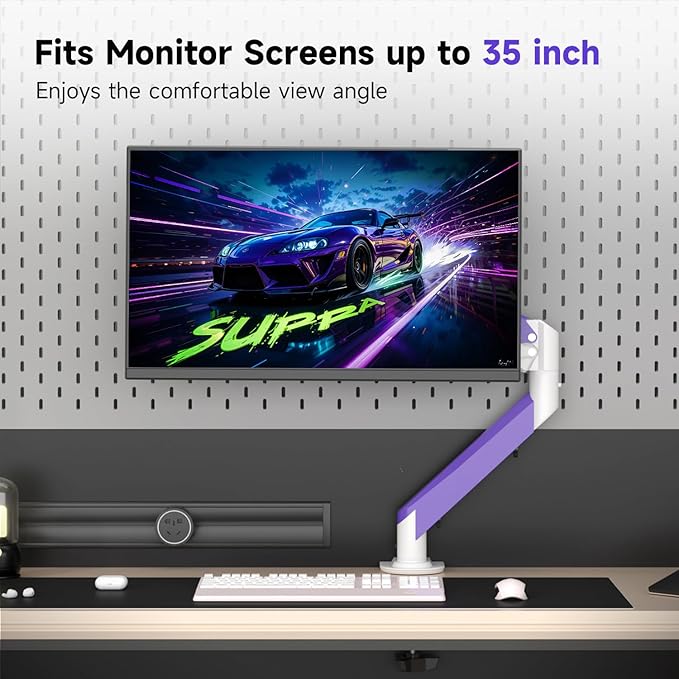 Suptek Monitor Mount Gas Spring Monitor Arm Desk Mount Fully Adjustable Fits 17 20 22 23 24 26 27 32 35 inch Monitors Weight Capacity up to 24.25 lbs (White+Purple, 17"-35")
