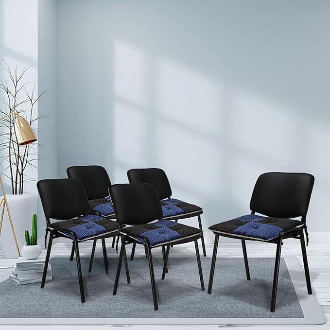 Office Stacking Chair Cushions 4 Pack, Corduroy High Density Foam Kitchen Seat Cushions with Ties, Square 17" x 17" Indoor Non-Slip Dining Chair Pads, Black+ Navy，4pcs
