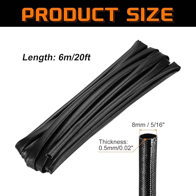 MECCANIXITY 20ft Braided Cable Sleeve, 5/16" ID 200C Heat Resistant 1500V Fiberglass Wire Insulation Cord Protector Organizer Wires Management for Motor Engine Fuel Line, Black