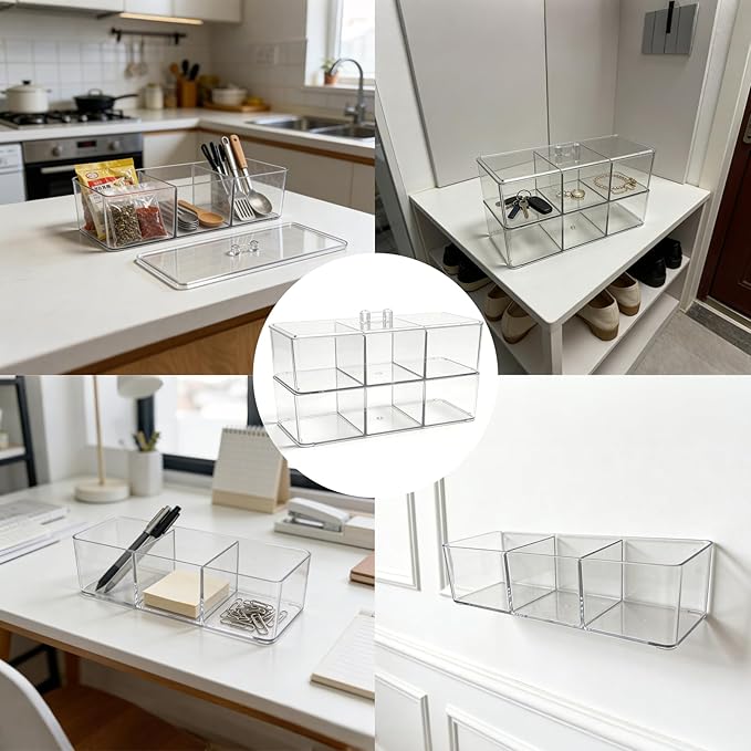 2 Pack Acrylic 3-Compartment Organizer Box, Storage Box with Lid, Clear Pen Holder Organizer Makeup Brush Holder for Office Desk Accessories, Cosmetic Brush Storage Box, Dorm, Bathroom, Kitchen