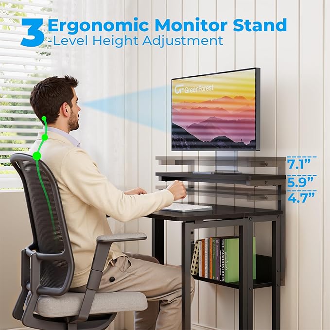 GreenForest Folding Desk with Adjustable Monitor Stand and Storage Shelf, 24.8in Rolling Table with Wheels, Mobile Small Desk for Small Spaces, Home Office, Black