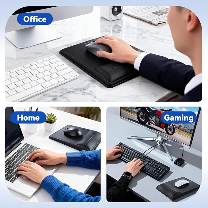 univo colors Pain Relief & Wrist Support Mouse Pad,Ergonomic Design with Contouring Memory Foam,High-Precision PU Surface,Non-Slip Base for Office/Gaming(Black)