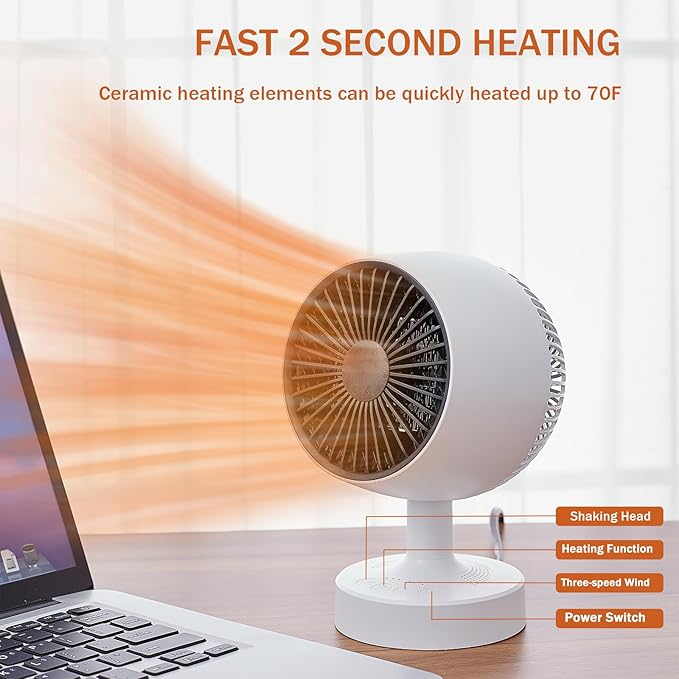 Space Heater,Small Space Heater,1200W Desk Heater for Office,160° Lateral Auto Oscillating,3 Gears Adjustable,PTC Ceramic Heating,Tip-over & Overheat Protection,Fast Heating,Cold And Hot Air