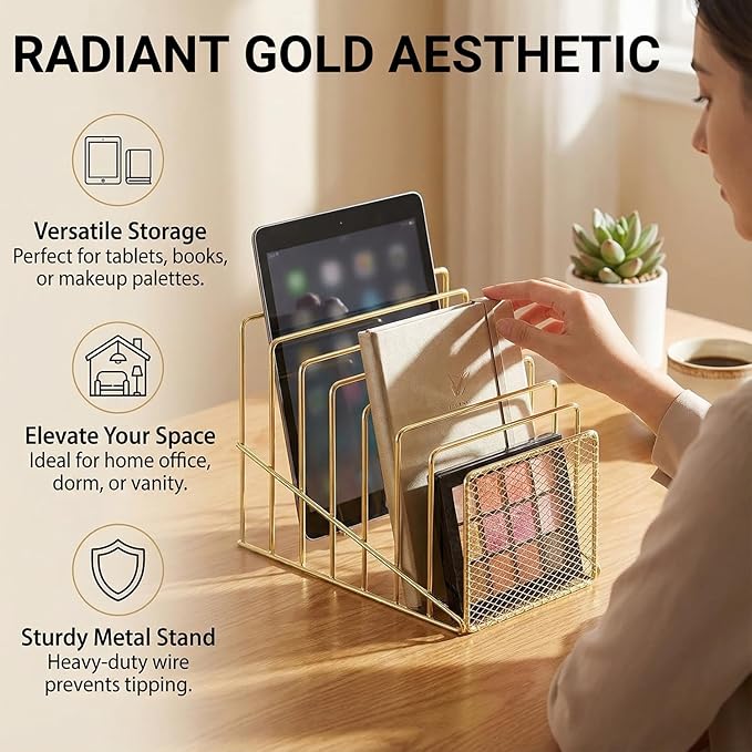 2 pcs Incline File Sorter, 7 Slot Magazine Holder for Letter, Document, Folder and Book, Metal Desktop Organizer Rack for Home, School and Office (2-gold)