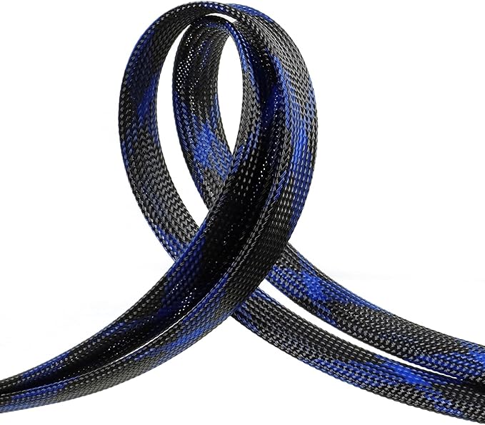 Braided Cable Sleeve, 33ft Expandable Wire Loom for Automotive Wiring Harness & PC Case, Pet-Proof Chew Resistant Cord Protector, Flexible Cable Management (Black-Blue, 6mm (1/4"))