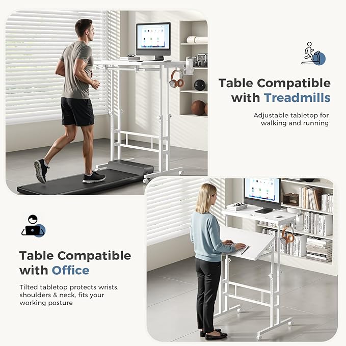 DUMOS Split Top Rolling Standing Desk, 23.6" Mobile Laptop Desk, Manual Height Adjustable Workstation on Wheels, Sit Stand Office Table, Walking Pad Study Desk,White