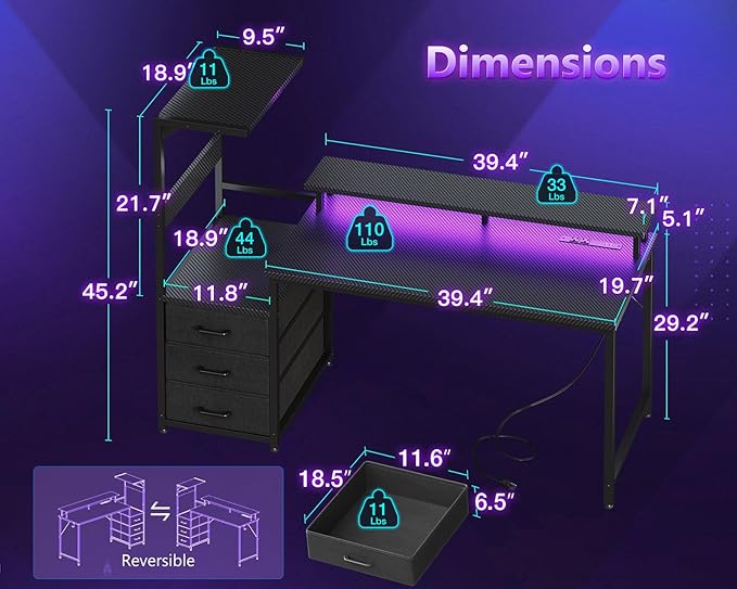 Casaottima 52 Inch Gaming Desk with USB Charging Ports & LED Light - Reversible Computer Desk with 3 Fabric Drawers, Monitor Stand, CPU Stand, Modern Office Desk, Black
