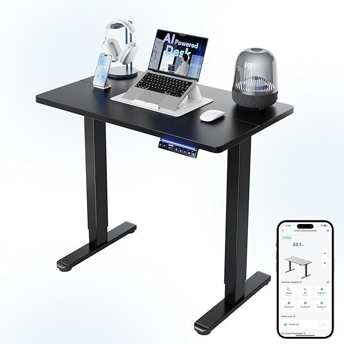 HUANUO 32" AI Smart Standing Desk with App-Synced Sedentary Reminders, Electric Height Adjustable Desk with Body-Data Ergonomic Presets, Voice Control Alexa/Google/Siri, 3 Memory Settings Table, Black