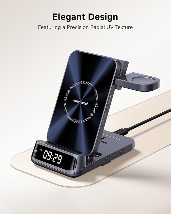 SwanScout 3-in-1 Wireless Charging Station for Samsung S25 Ultra/S25/S24/S23/S22/Z Flip7, Foldable Wireless Charger for Galaxy Watch 8 Classic/8/Ultra/7/FE/6/5, SwanScout 708S (No Adapter)