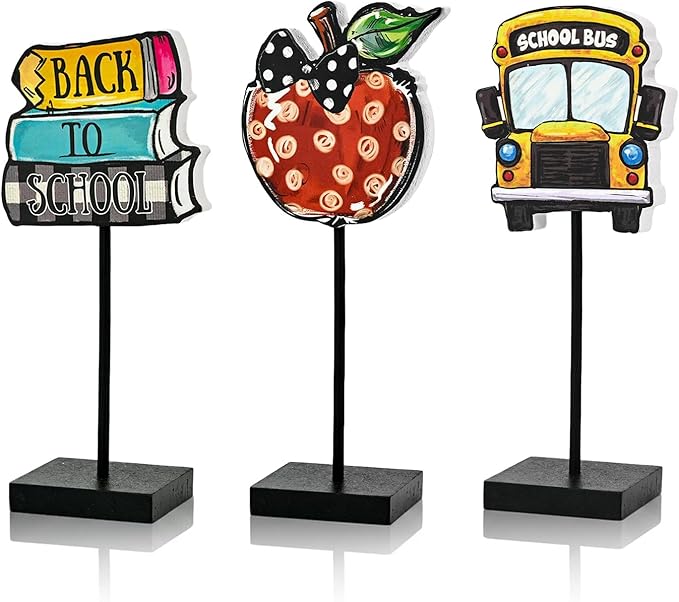 Smile Back to School Wooden Desktop Decor School Bus, Apple & Book Stack Table Signs - Classroom & Home Shelf Accents Gifts for Kids, Teachers